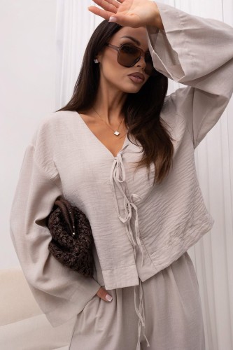 Komplet lniany damski – koszula oversize – beżowy przód