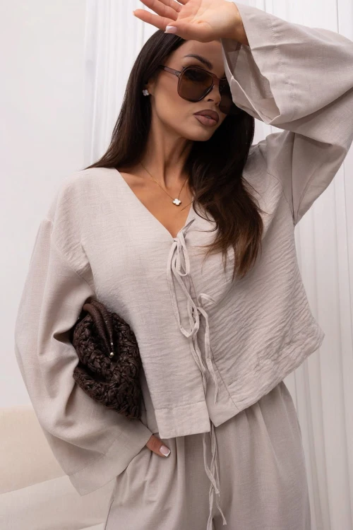 Komplet lniany damski – koszula oversize – beżowy przód