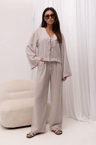 Komplet lniany damski – koszula oversize – beżowy całość przód