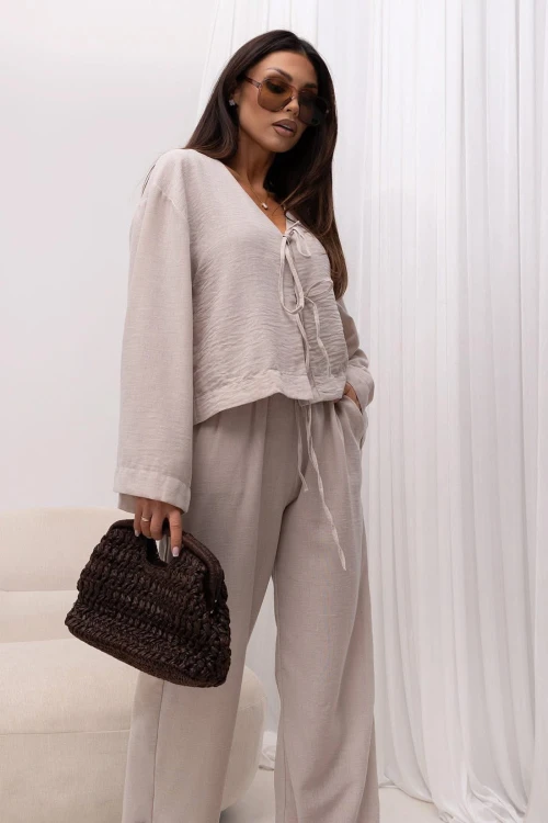 Komplet lniany damski – koszula oversize – beżowy bok 1