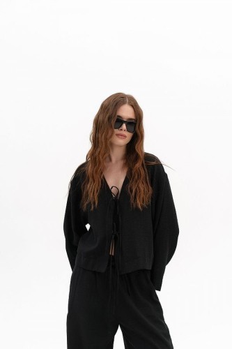 Komplet lniany damski – koszula oversize – czarny przód 2