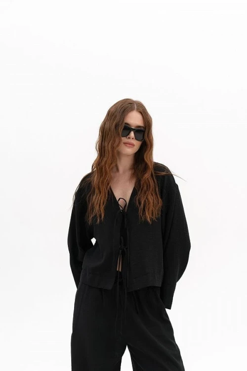 Komplet lniany damski – koszula oversize – czarny przód 2