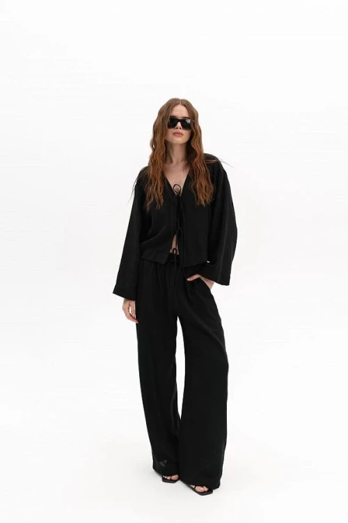 Komplet lniany damski – koszula oversize – czarny przód całość