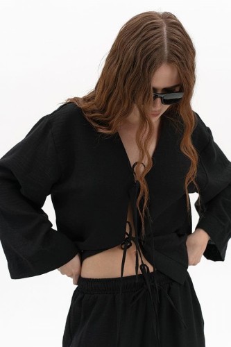 Komplet lniany damski – koszula oversize – czarny przód