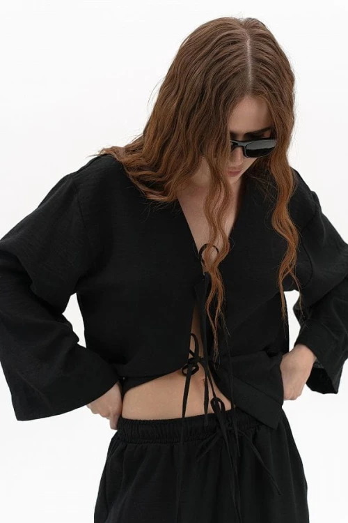 Komplet lniany damski – koszula oversize – czarny przód