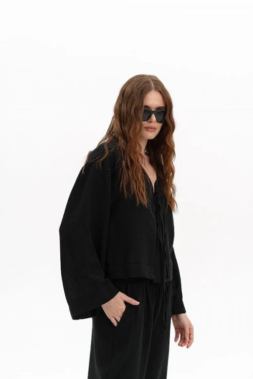 Komplet lniany damski – koszula oversize – czarny bok