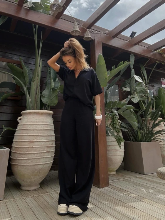 Komplet lniany damski Pure Linen – czarny Agatha