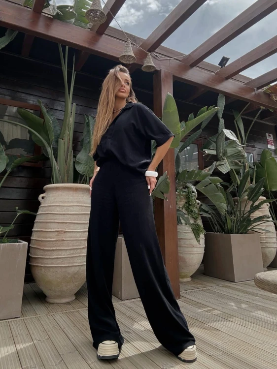 Komplet lniany damski Pure Linen – czarny Agatha